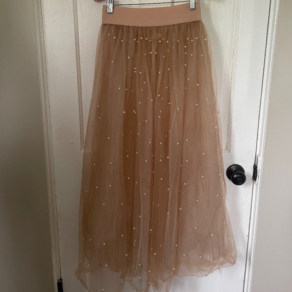 Sheer skin toned long tulle skirt with pearls